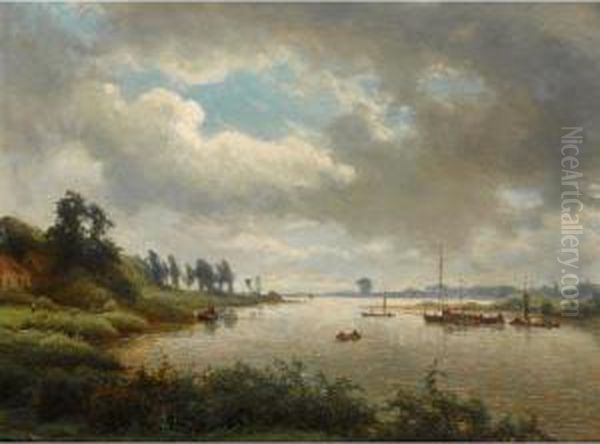 Boats On A River In Summer Oil Painting by Jan Frederik Van Deventer