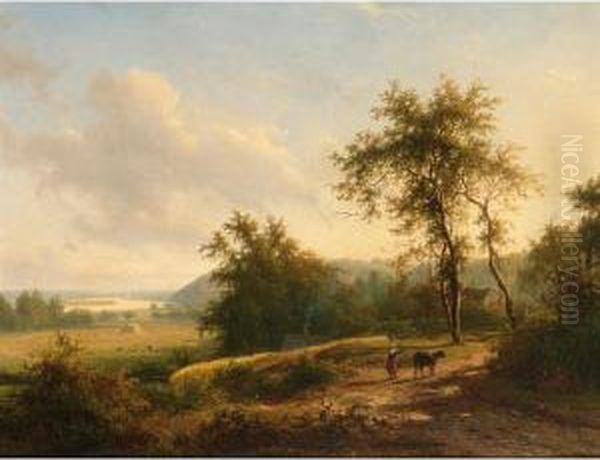 A Peasantwoman Leading A Cow On A Country Road Oil Painting by Jan Frederik Van Deventer