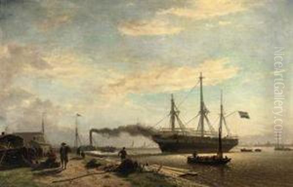 A Dockyard On The Northern Shore Of Amsterdam Harbour Oil Painting by W.A. van Deventer