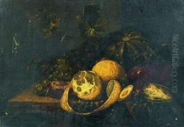 Nature Morte De Peche, Raisin, Pasteque Et Citron Sur Un Entablement Oil Painting by Guilliam van Deynum