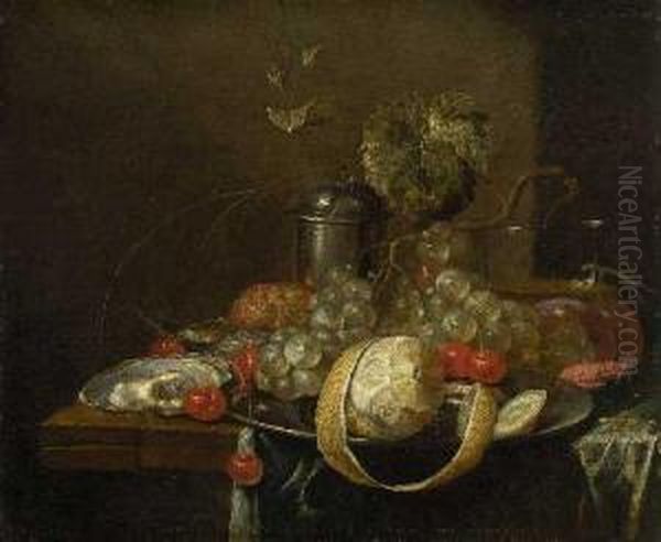 Stillleben Mit Fruchten, Austern Und Silbergefas. Oil Painting by Guilliam van Deynum