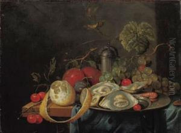 Oysters And A Prawn On A Pewter Plate, A Partly Peeled Lemon,plums, Grapes And Cherries On A Partly Draped Table Oil Painting by Guilliam van Deynum