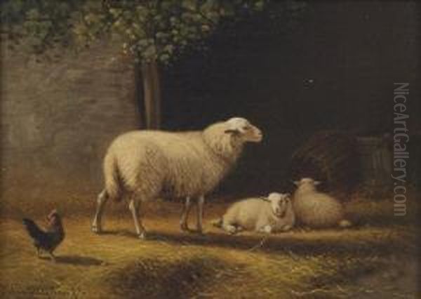 Ewe In A Stable With Her Twin Lambs Oil Painting by Joseph Van Dieghem