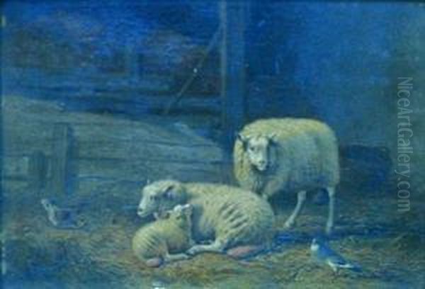 Moutons Dans La Bergerie. Oil Painting by Joseph Van Dieghem