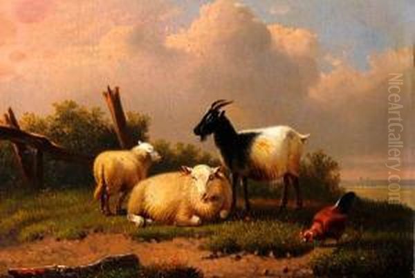 Goat, Sheep And Chicken Seated On A Grassy Path Oil Painting by Joseph Van Dieghem