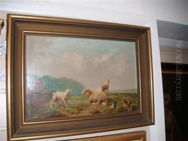 Sheep And Chickens In A Landscape Oil Painting by Joseph Van Dieghem