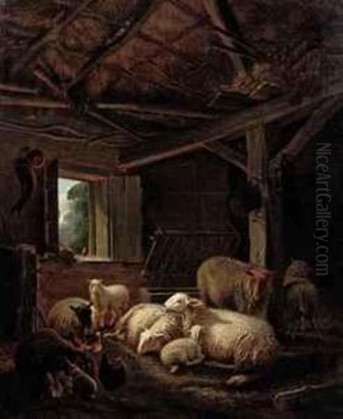 Livestock In A Stable Oil Painting by Joseph Van Dieghem