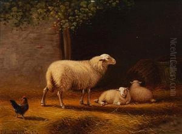 Sheep And A Goatin A Landscape Oil Painting by Joseph Van Dieghem