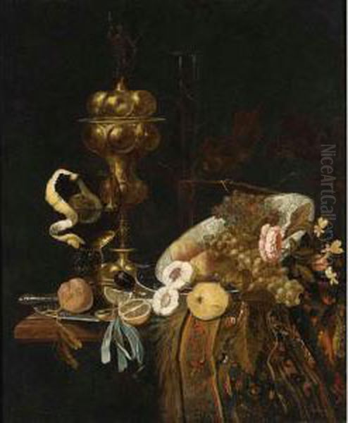 Still Life Of Fruits With A Roemer, A Gilt Goblet, A Wine-glass And A Pocket-watch, All On A Table Oil Painting by Christiaen van Dielaert