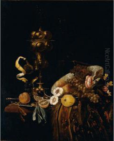 Still Life Of Fruits With A Roemer, A Gilt Goblet, A Wine-glass And A Pocket-watch, All Upon A Table Oil Painting by Christiaen van Dielaert