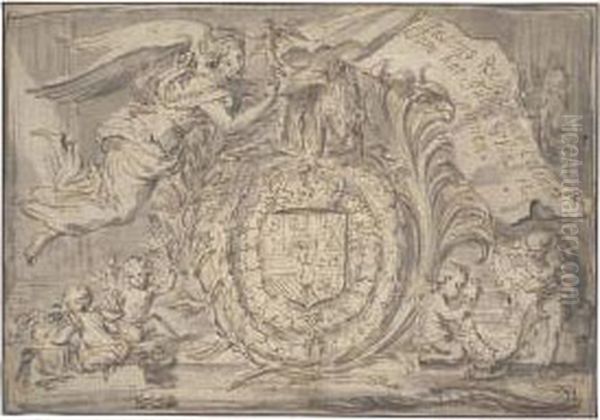 Design For A Frontispiece Glorifying The Coat Of Arms Of King Philip Ii Of Spain Oil Painting by Abraham Jansz. van Diepenbeeck