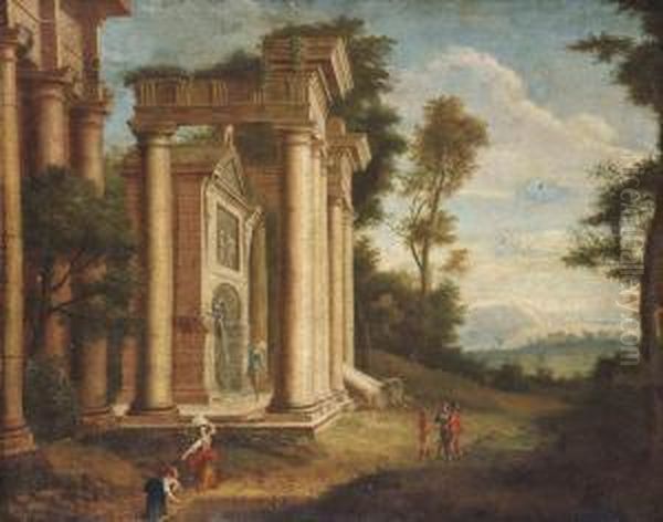 A Classical Italianate Landscape With Figures Before Ruins Oil Painting by Adriaen Van Diest