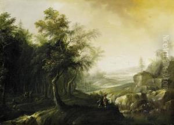 Wide Riverscape With Wanderers On The Fringe Of The Forest Oil Painting by Adriaen Van Diest