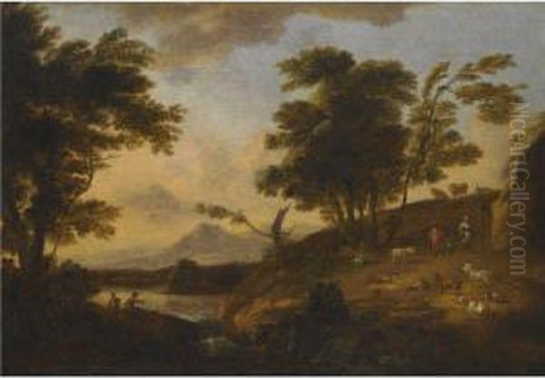 A Wooded River Landscape With Figures Fishing, Peasants, Animalsand Mountains Beyond Oil Painting by Adriaen Van Diest