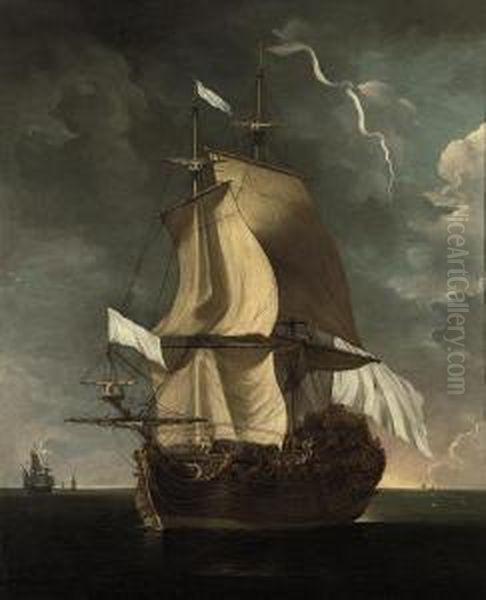 A French Man-o'war Heaving-to At Sea Oil Painting by Adriaen Van Diest