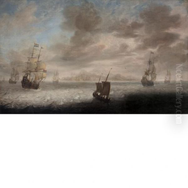 Dutch Vessels Off A Coast Oil Painting by Jeronymus Van Diest