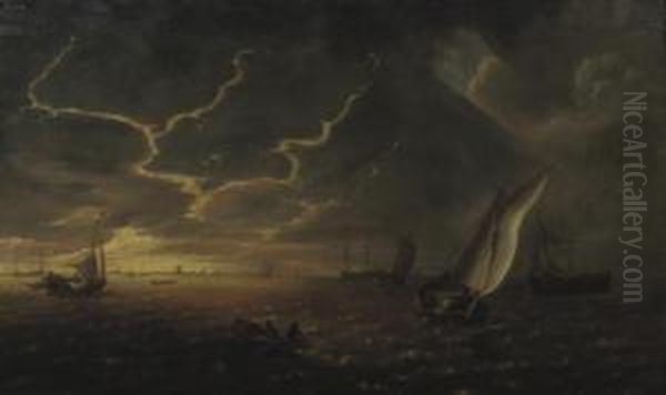 Shipping In Choppy Waters At Sunset Oil Painting by Jeronymus Van Diest