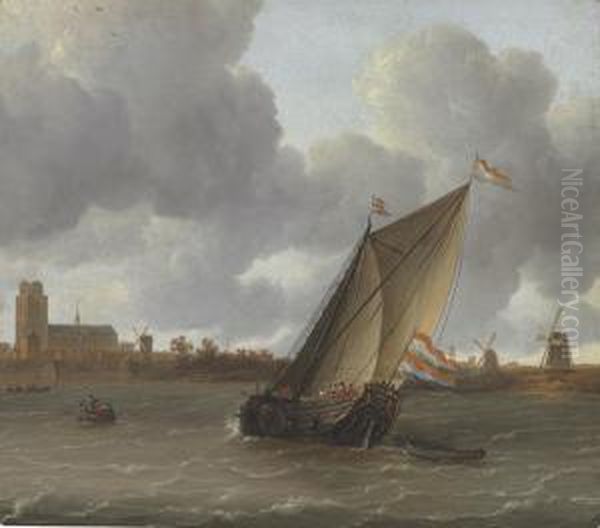 Sailing On The River Maas Near Dordrecht Oil Painting by Hieronymous Van Diest