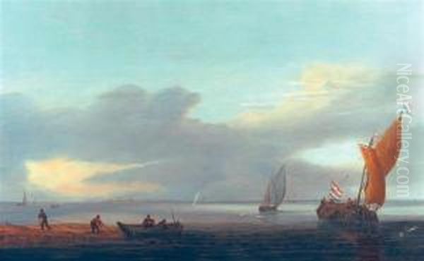 Ships On A Tranquil Sea. Oil Painting by Hieronymous Van Diest