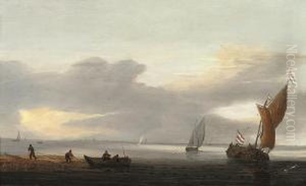 A Coastal Landscape With A Dutch Fishing Boat And Fishermen Drawingin Nets From A Rowing Boat Oil Painting by Hieronymous Van Diest