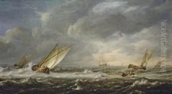 Fishing Boats In Choppy Seas Off The Coast Oil Painting by Hieronymous Van Diest