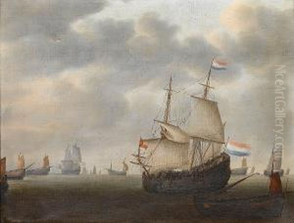 Dutch Shipping In A Calm Oil Painting by Hieronymous Van Diest