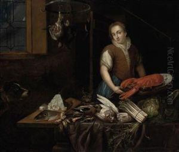 A Maid In A Kitchen Interior, A Lobster On A Platter, Dead Birds, Fish, Asparagus, A Dog And A Cat Oil Painting by Johann Van Diest