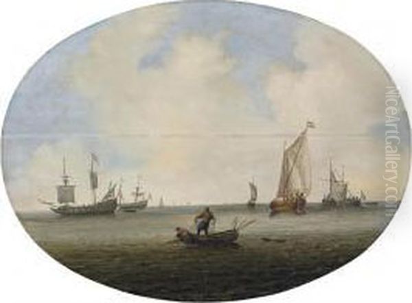 Shipping In A Calm Sea, With Fishermen Drawing In Their Nets, And Dutch Frigates And Other Vessels Beyond Oil Painting by Willem van Diest