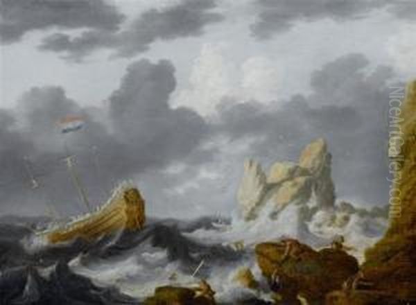 Dutch Ships Before The Coast At A Town With A Church Tower Oil Painting by Willem van Diest