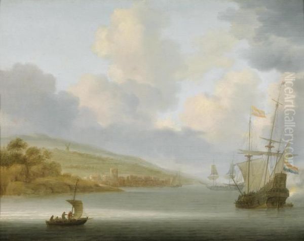 Ships At Anchor Before A Coastallandscape Oil Painting by Willem van Diest