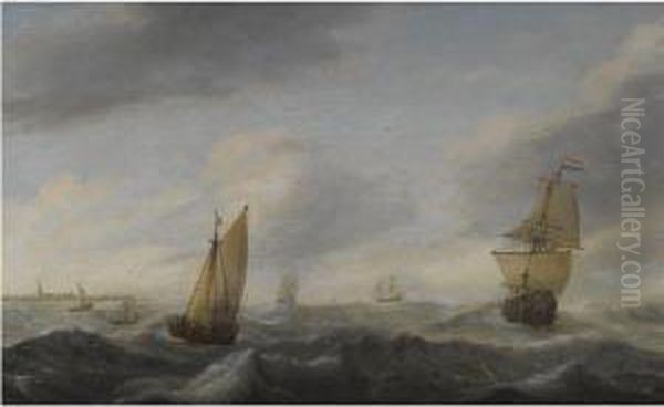 A Coastal Landscape With Dutch Shipping In A Stiff Breeze Oil Painting by Willem van Diest