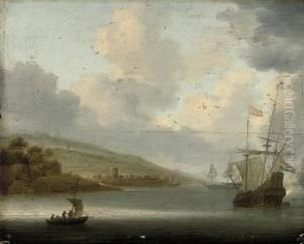 Anchored Ships By A Coast Oil Painting by Willem van Diest