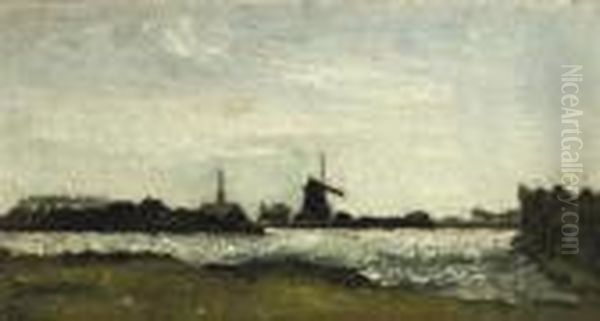 River Landscape With Steeple And Mill Oil Painting by Theo van Doesburg