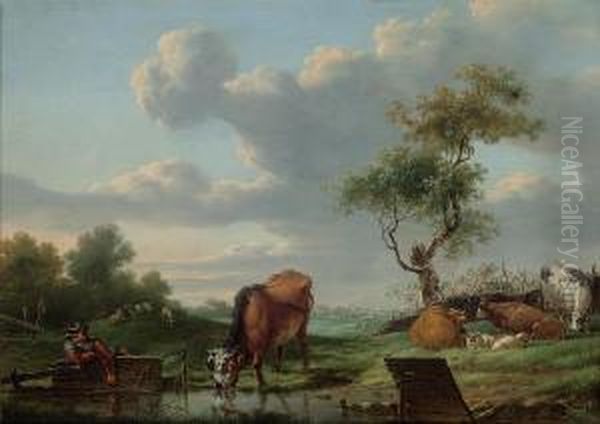 A Pastoral Landscape With A Herdsman At Rest By A Stream And His Cattle Watering Oil Painting by Dyonis Van Dongen