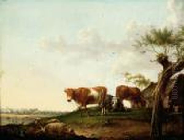 Two Cows, An Ox And Several Sheep By A Farm Oil Painting by Dyonis Van Dongen