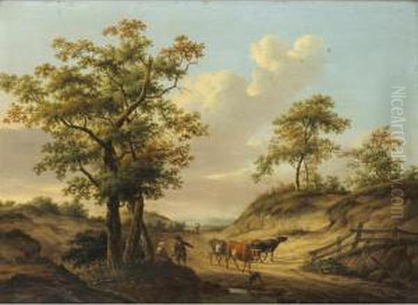 Troupeau De Vaches Sur Un Chemin [ ; Cows On A Path ; Oil On Panel Signed Lower Left] Oil Painting by Dyonis Van Dongen