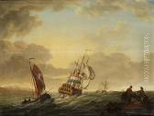 A Dutch Man-o'war And Smalschips Off A Coastline, With Fishermen And A Beached Fishing Boat On An Outcrop Oil Painting by Dyonis Van Dongen