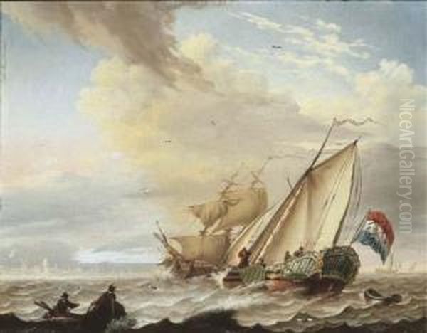 A Dutch Yacht And A Rowing Boat In Choppy Waters, Other Shipping Beyond Oil Painting by Dyonis Van Dongen