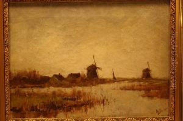 Molens Aan Een Hollandse Plas Oil Painting by Heertje Van Doornik