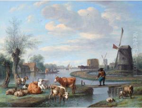 An Extensive River Landscape With Windmills And A Ferry Boat Oil Painting by Jan van Doornik