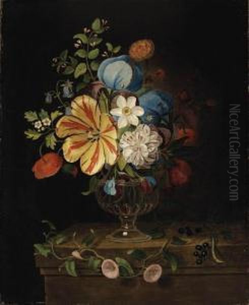 Flowers In A Glass Vase With Blackcurrants On A Ledge Oil Painting by Martin Van Dorne