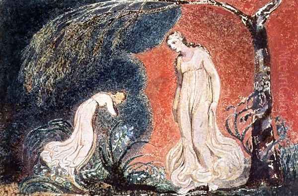 Book of Thel- the Lily bowing before Thel, before going off 'to mind her numerous charge among the verdant grass', 1789 Oil Painting by William Blake