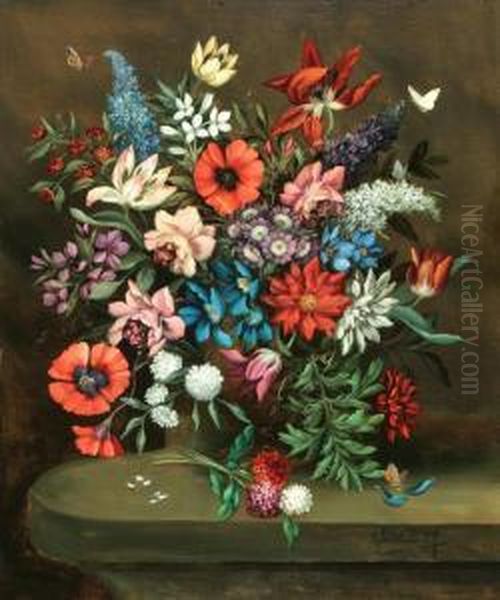 Still Life Of Flowers On A Ledge Oil Painting by Jan Van Doust