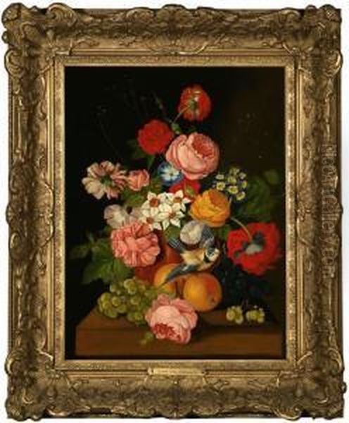 Still Life With Flowers And Bird On A Table Oil Painting by Jan Van Doust