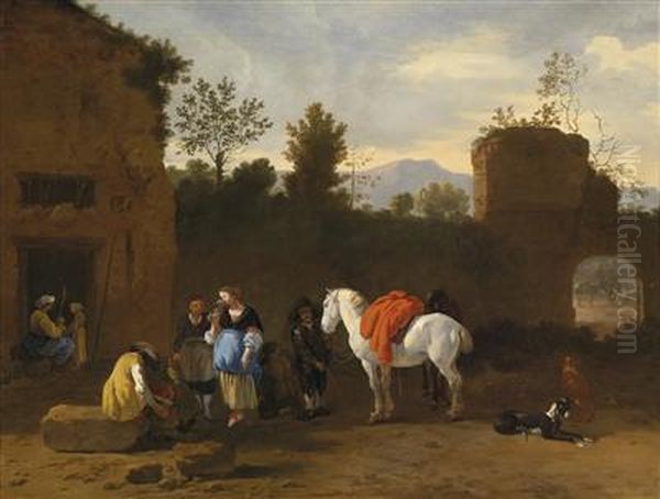 Figures And Horses In Front Of An Inn Oil Painting by Simon Johannes van Douw