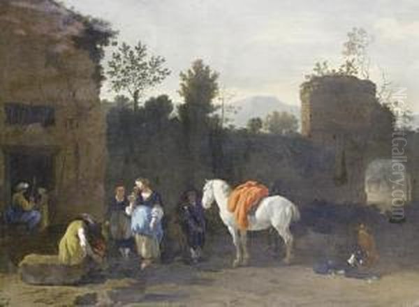 Figures And A Horse Before An Inn Oil Painting by Simon Johannes van Douw