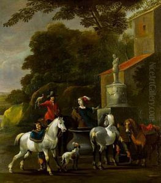 An Elegant Company Departing For The Hunt Before An Open Landscape Oil Painting by Simon Johannes van Douw