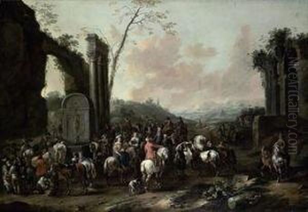 An Italianate Landscape With Travellers Gathering By A Fountainamongst Classical Ruins Oil Painting by Simon Johannes van Douw