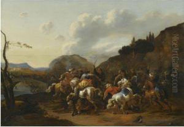 A Battle Skirmish Between Christians And Turks Oil Painting by Simon Johannes van Douw