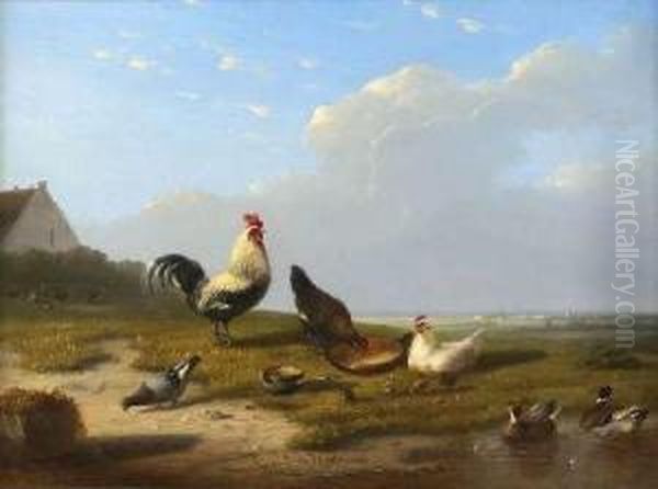 Cattle, Sheep And Hens In A Landscape Oil Painting by Francois Van Douwe